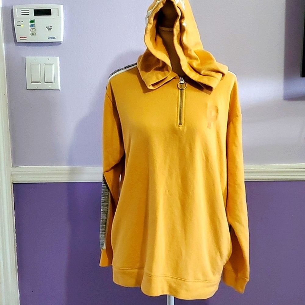 PINK Y2K Mustard Yellow Floral Applique Long Sleeve Quarter Zip Sweater Hoodie S